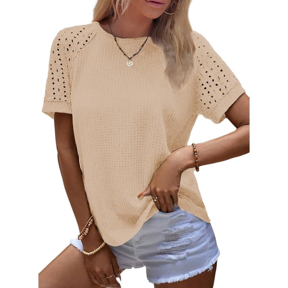 Women's Waffle Knit Top Polyester X-Large Casual Short Sleeve Blouse